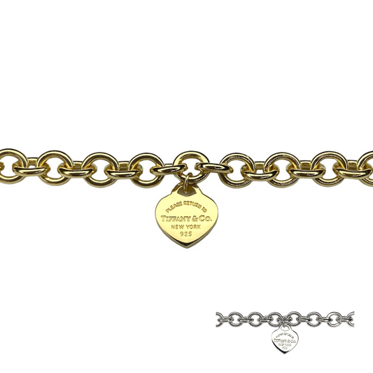 Tiffany & Co. gold heart pendant on an unbranded link bracelet, adjustable