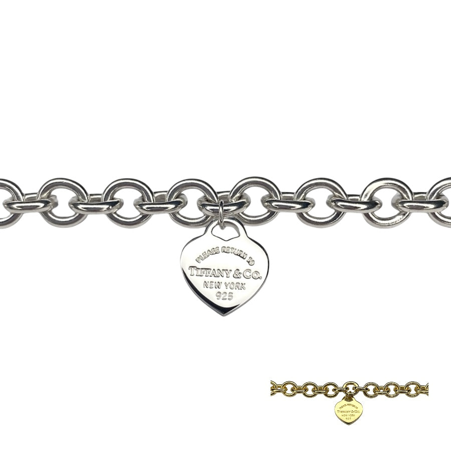 Tiffany & Co. gold heart pendant on an unbranded link bracelet, adjustable